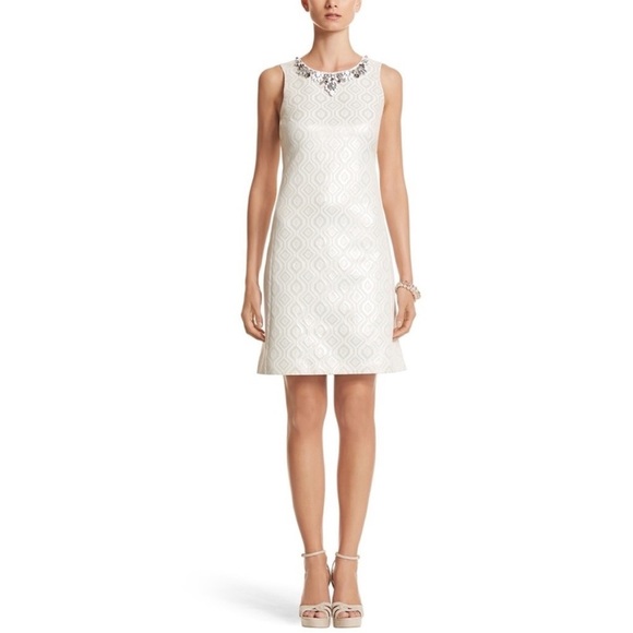 WHBM White Metallic Jacquard Shift Mini Dress Jewel Embellished Neckline size 8 - Picture 2 of 13